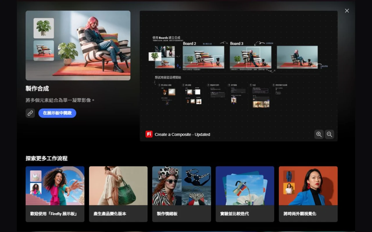Adobe Firefly Boards 的「製作合成」工作流：左側是合成結果預覽，右側多個看板並排比較，下方列出品牌化版本、情緒板、並比較迭代等可直接套用的工作流