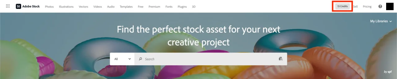 Adobe Stock 介面右上角的點數餘額顯示