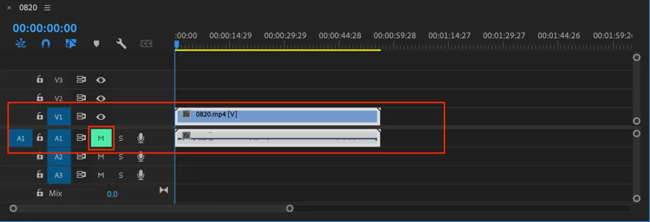 Premiere Pro 時間軸上的音軌靜音圖示