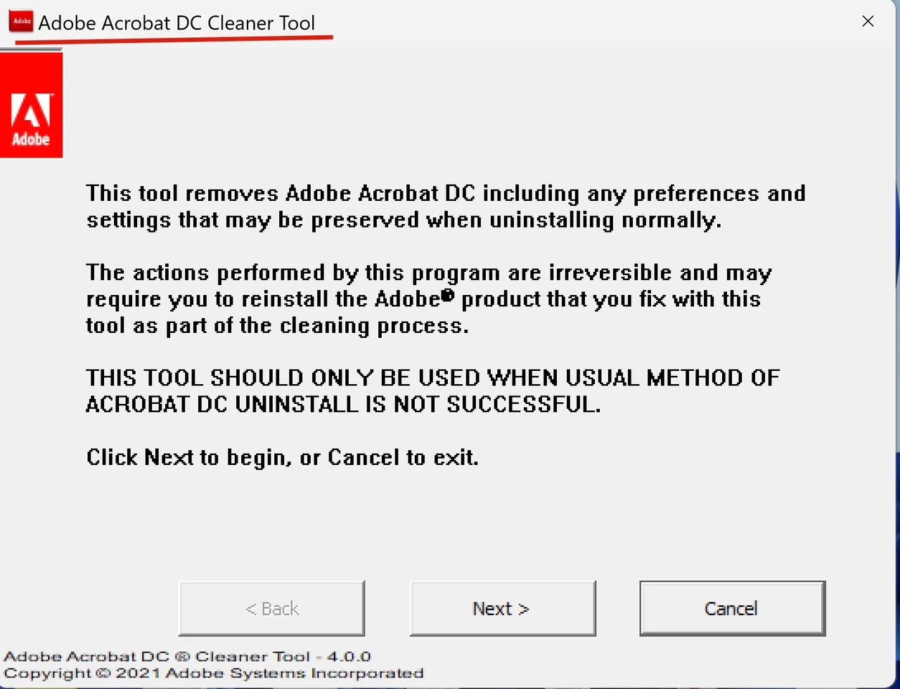 Acrobat Cleaner Tool 執行畫面
