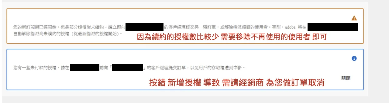 Admin Console 部分授權尚未續約的通知畫面