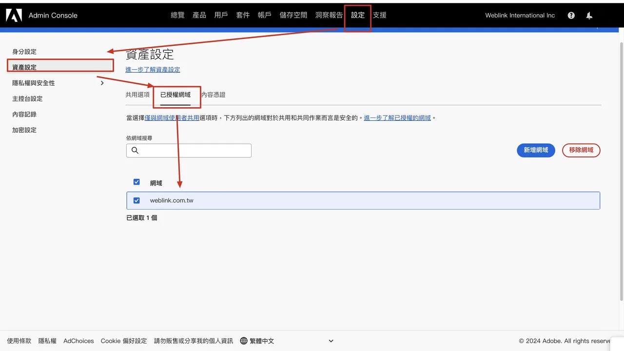 資產設定中確認網域的畫面