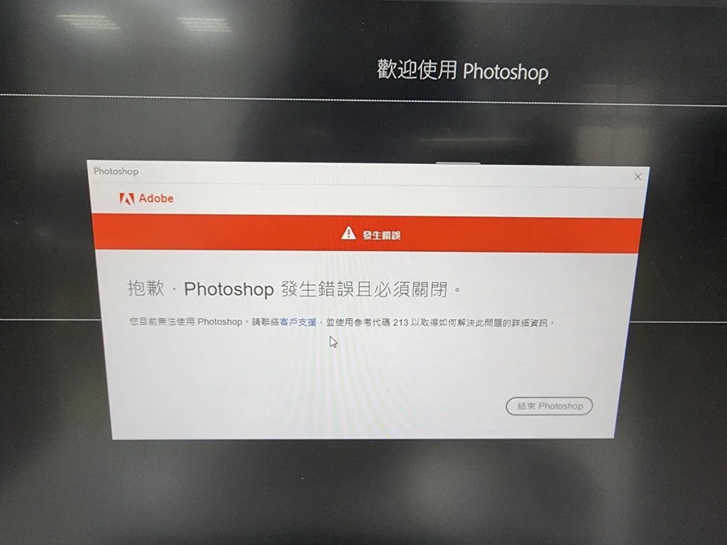 Photoshop 錯誤代碼 213 的錯誤視窗
