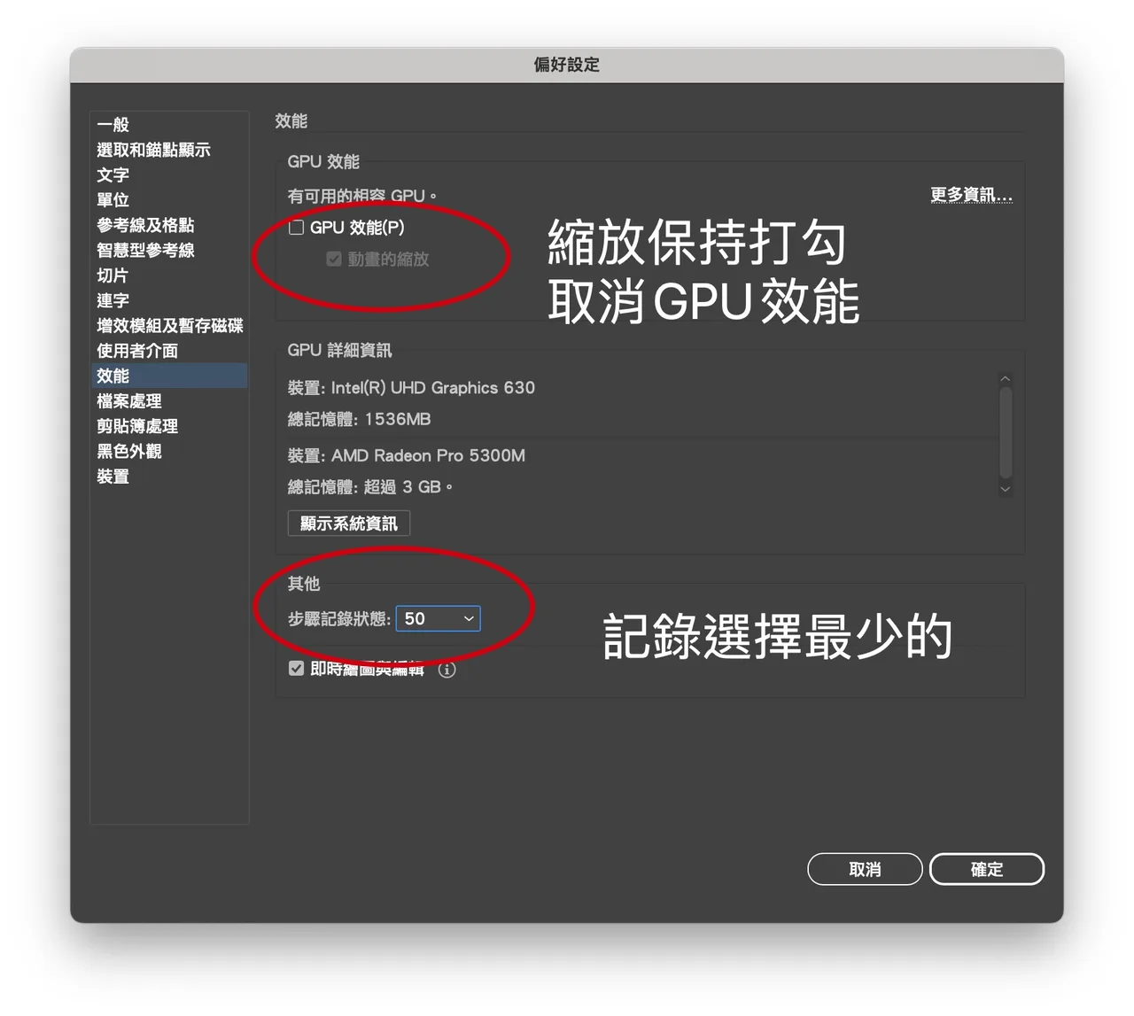 Illustrator 效能偏好設定的 GPU 效能與步驟記錄選項