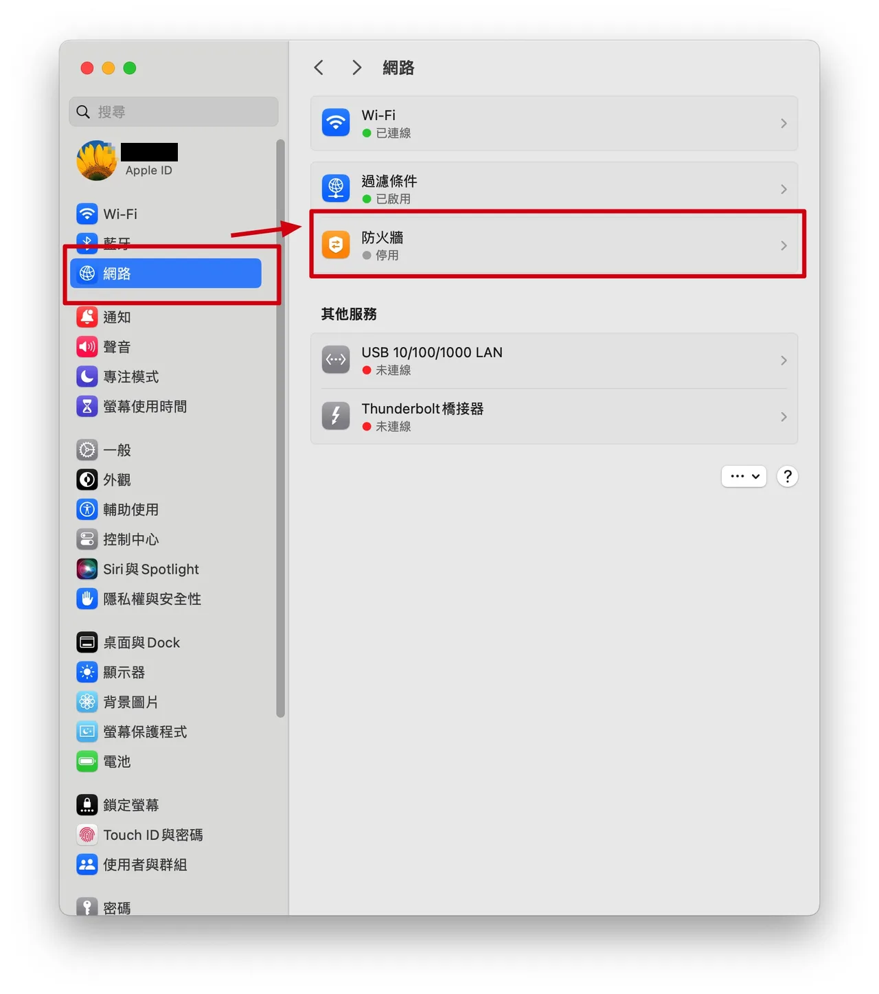 macOS 系統設定中網路分頁的防火牆位置