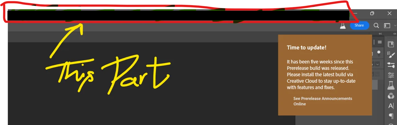 Photoshop Beta 右上角的棕色 Time to update 提示框