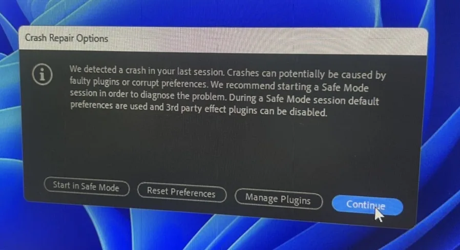 After Effects 啟動時的 Crash Repair Options 視窗