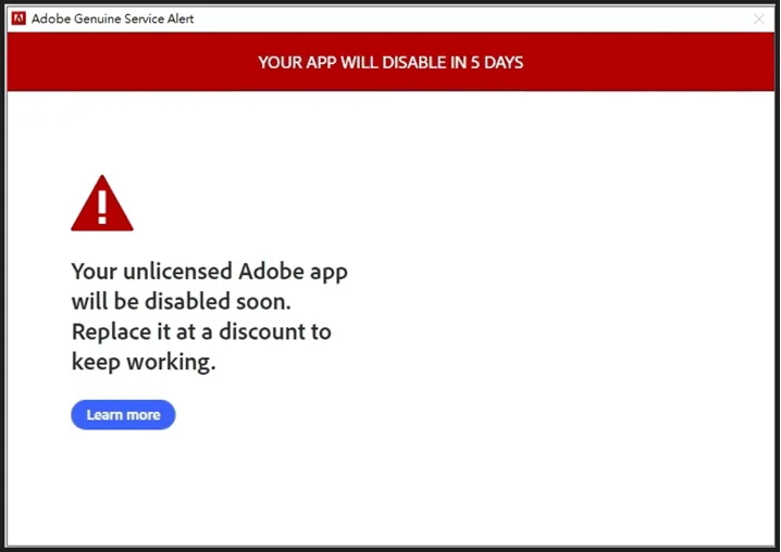Adobe Genuine Service Alert 警告視窗，提示未授權應用程式即將停用