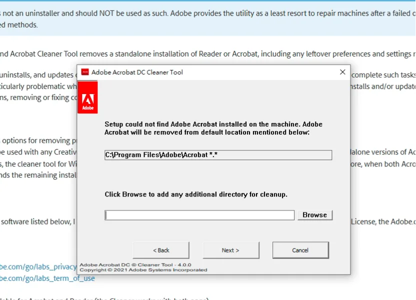 Acrobat Cleaner Tool 的路徑設定畫面，Browse 欄位留空