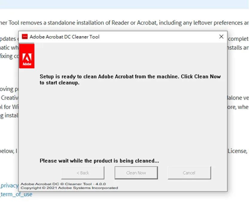 Acrobat Cleaner Tool 清理進行中的畫面