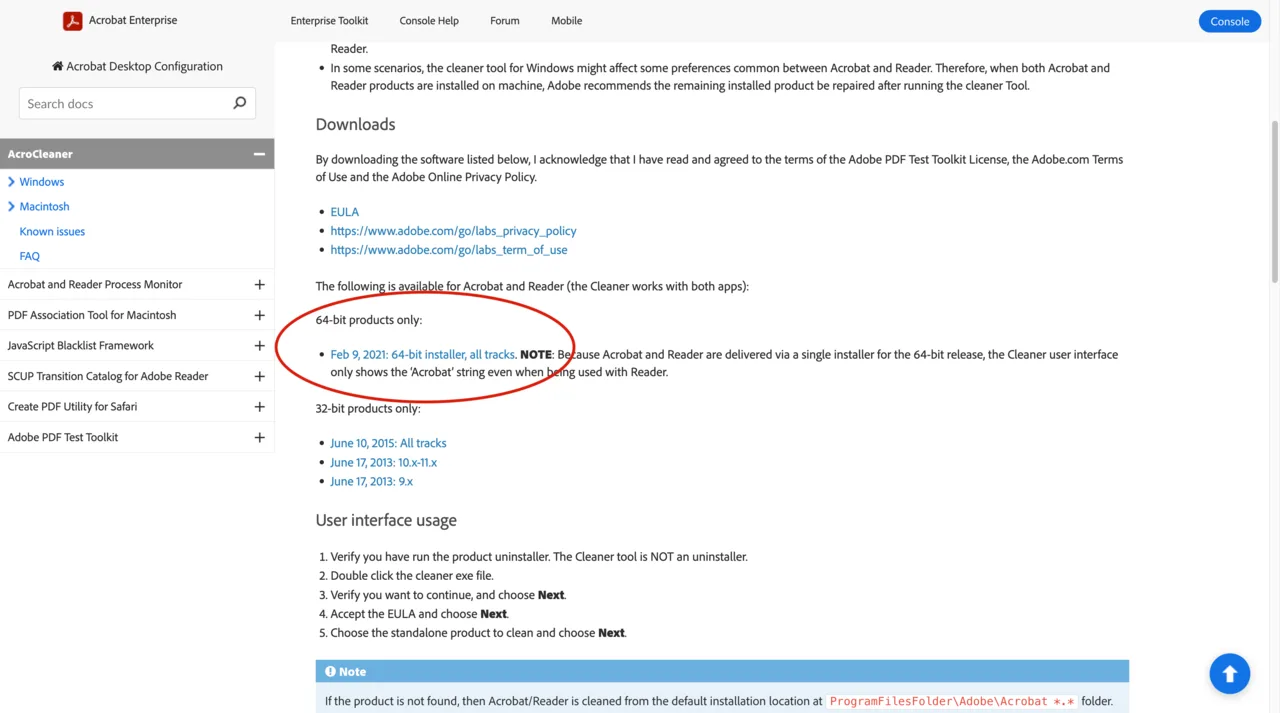 Acrobat Cleaner Tool 官方下載頁面