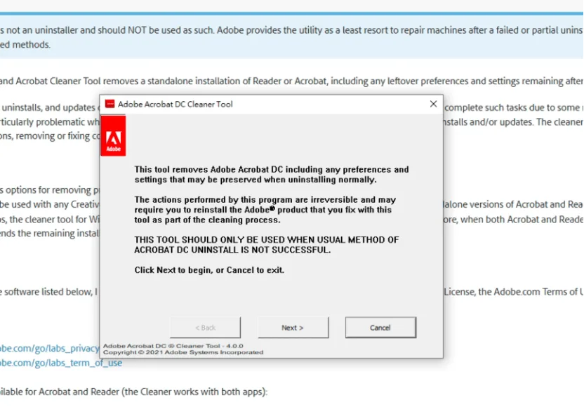 Acrobat Cleaner Tool 的警告視窗