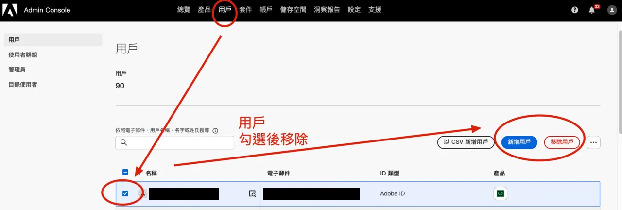 Admin Console 用戶頁移除用戶的操作位置
