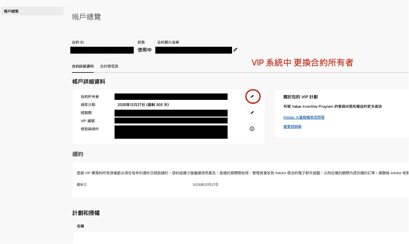 Admin Console 帳戶總覽頁面的合約所有者欄位