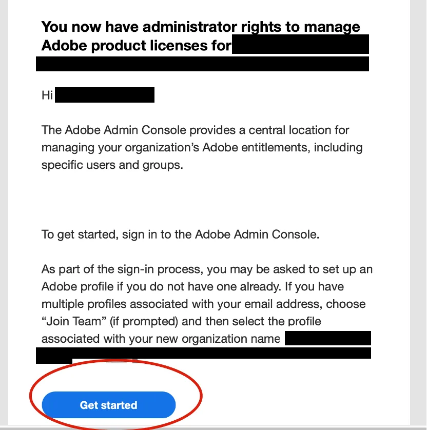 Adobe 通知取得系統管理員權限的邀請信