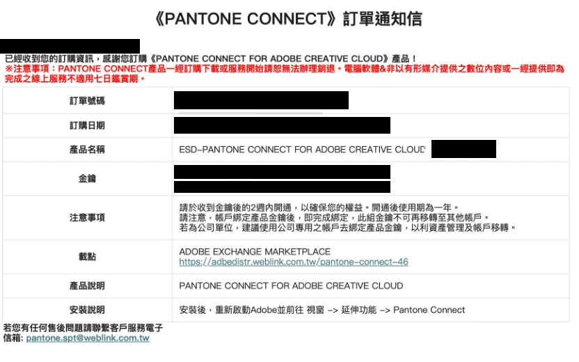 Pantone Connect 訂單通知信內容