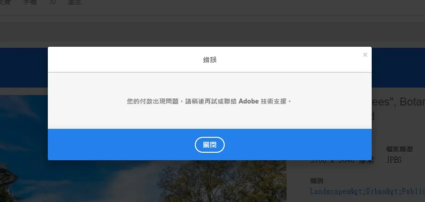 Adobe Stock 授權影像時跳出付款出現問題的錯誤畫面