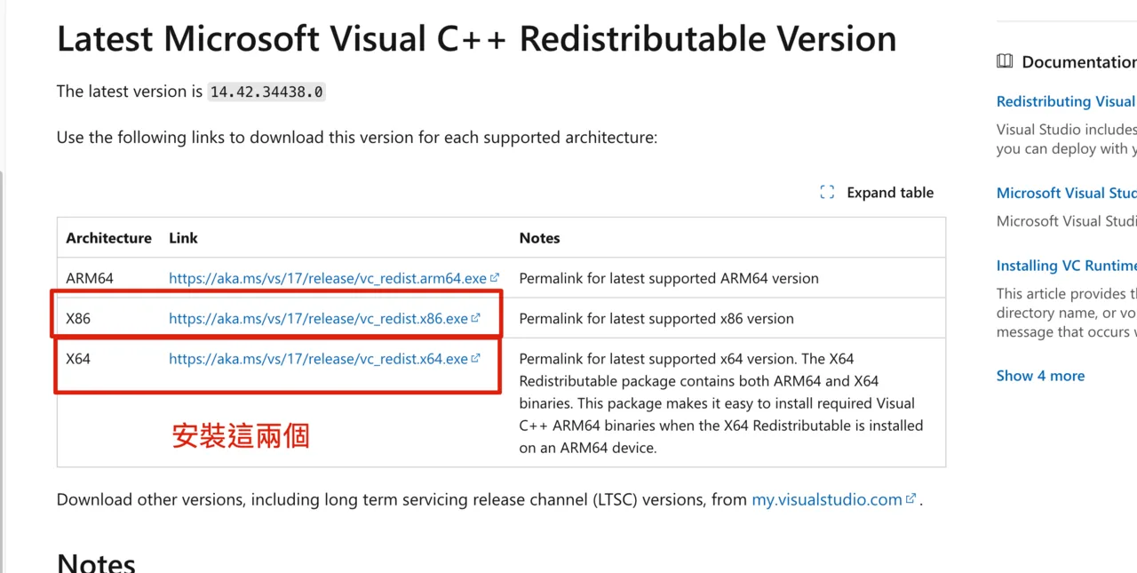 Microsoft 官方 Visual C++ Redistributable 下載頁面，標註要安裝的 X86 與 X64 版本