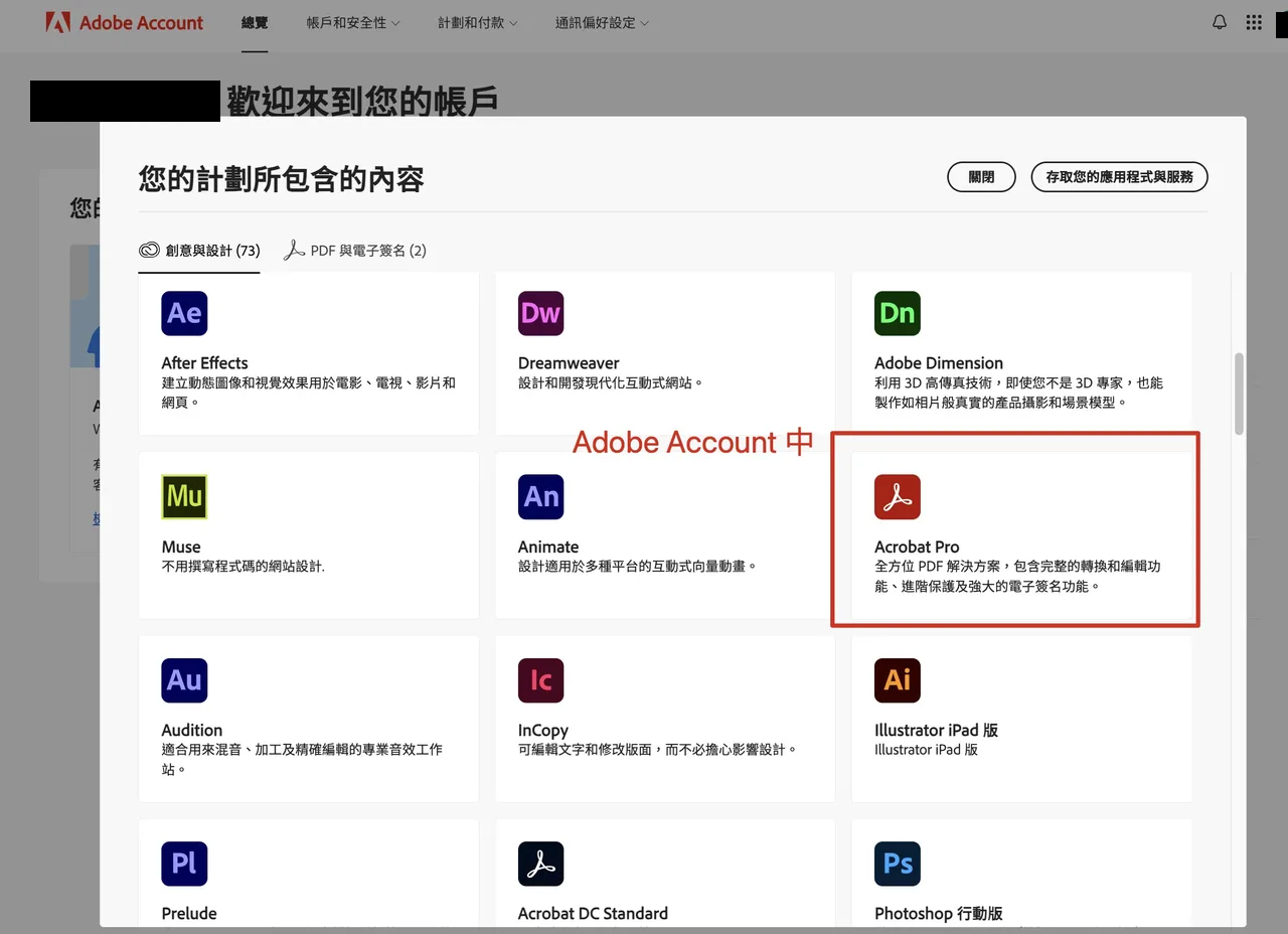 Adobe Account 計劃所包含的內容畫面，標註 Acrobat Pro 項目