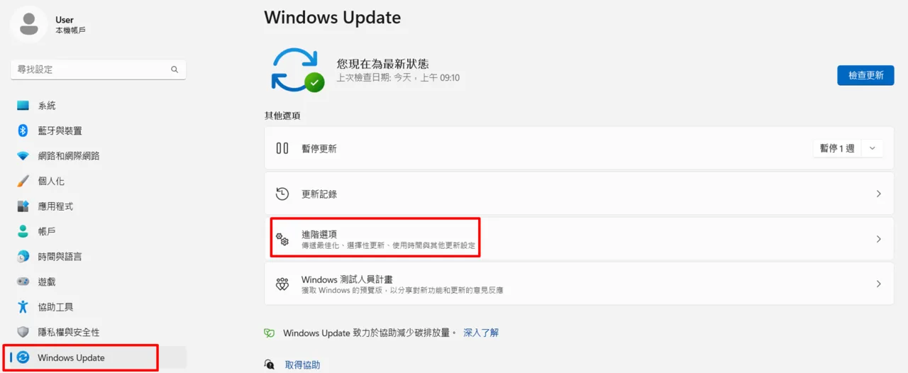 Windows Update 設定頁面，標註進階選項的位置