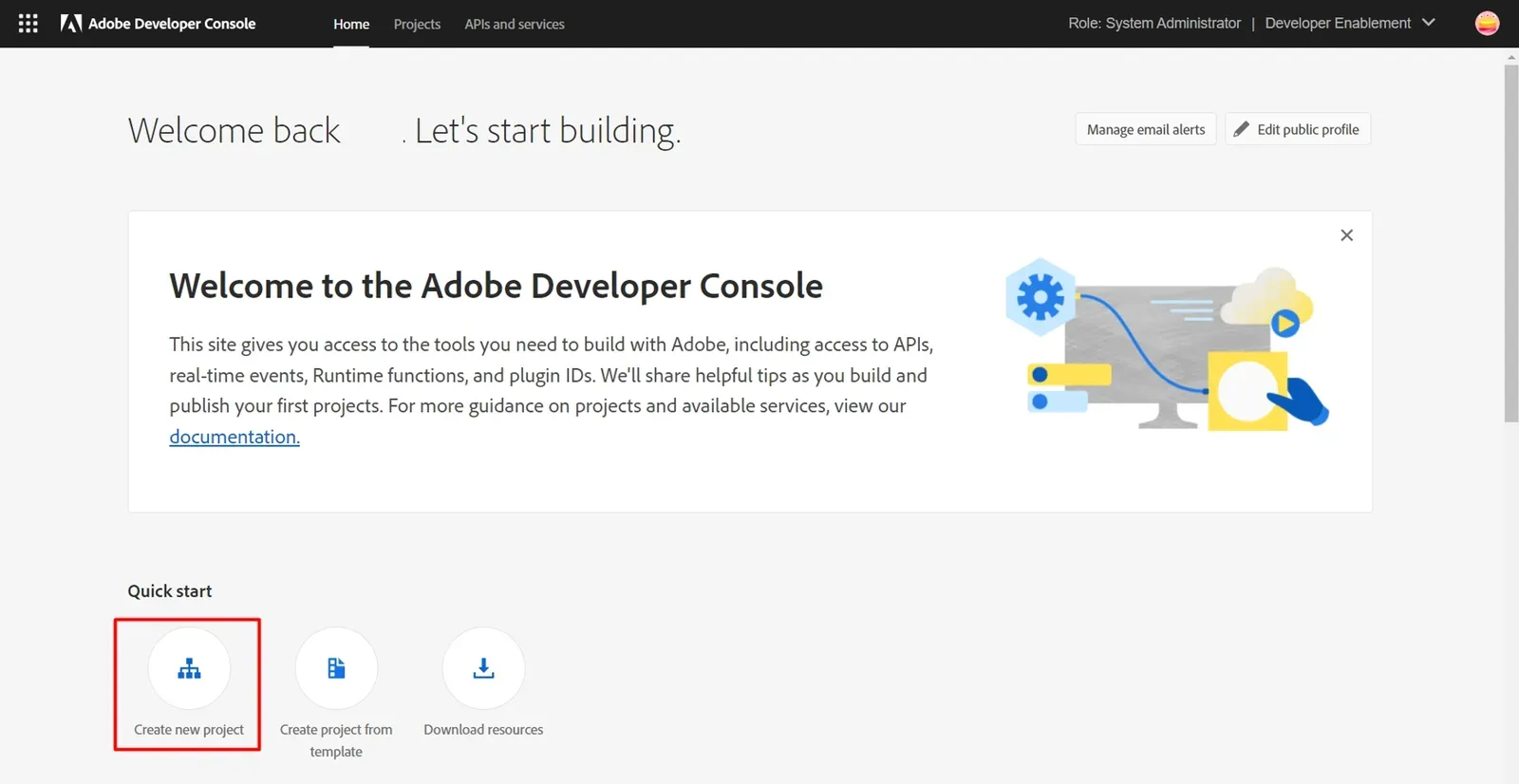 Adobe Developer Console 首頁的 Create new project 按鈕