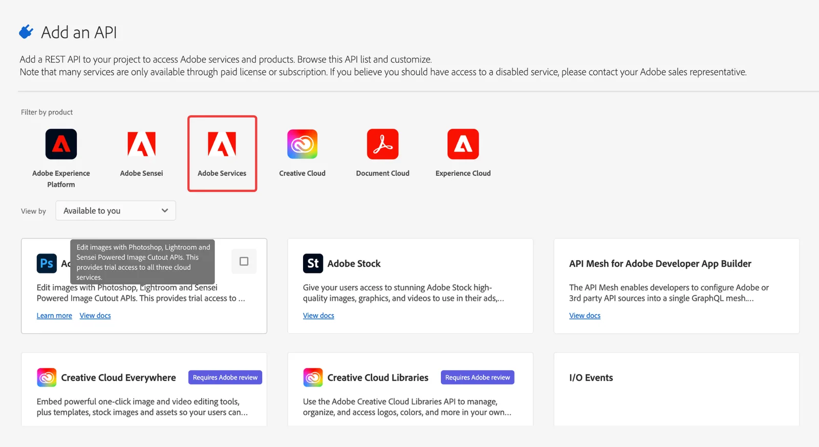 Add an API 畫面篩選 Adobe Services