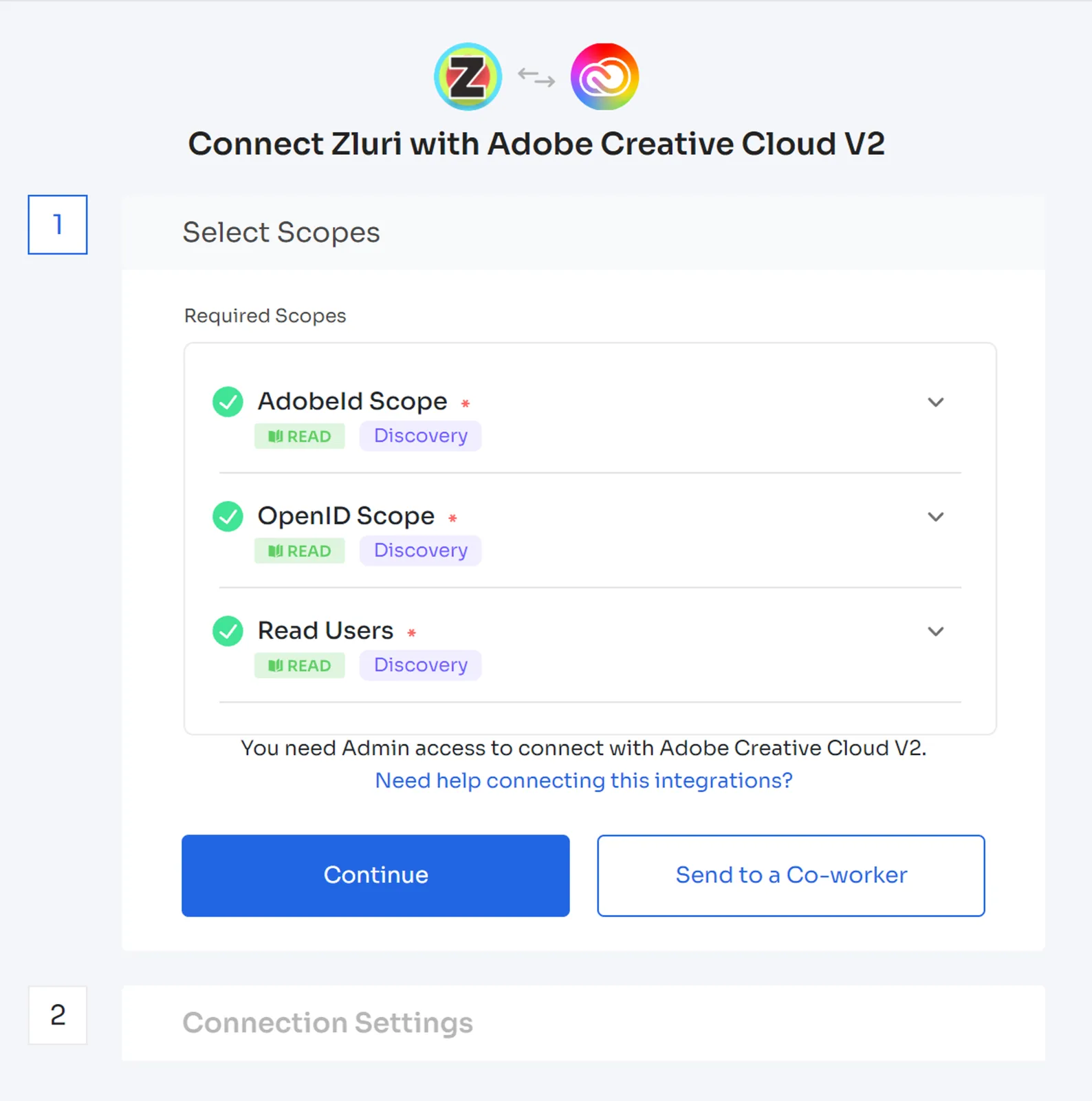 Zluri 連線 Adobe 的三項必要權限
