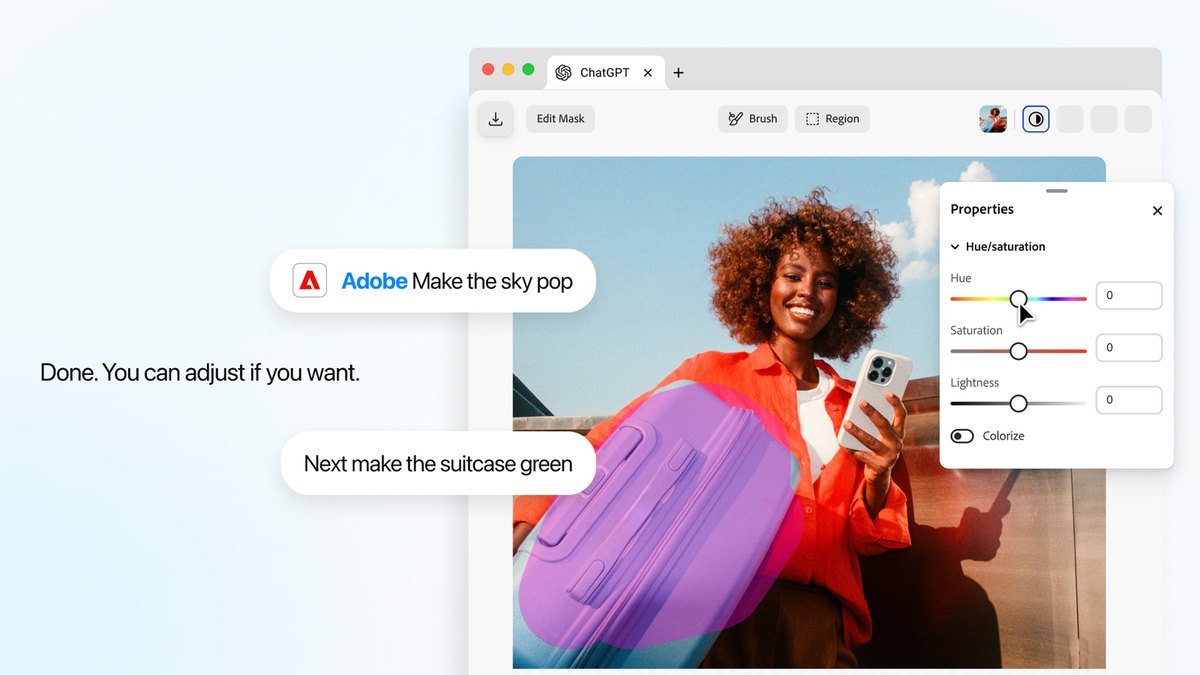 ChatGPT 裡的 Adobe 外掛新增互動式編輯控制：用對話下指令，再親手微調